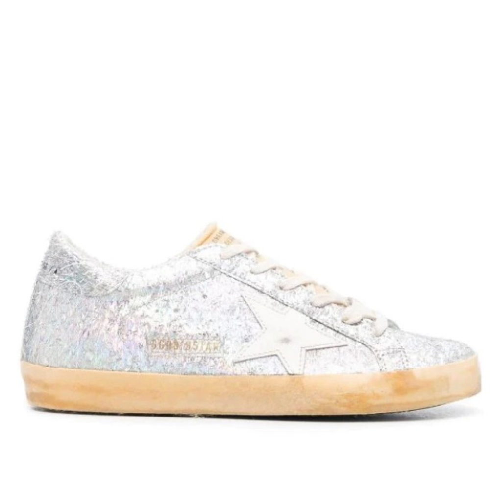 Golden Goose Silver Iridescent Low-Top Sneakers with Cream Sole